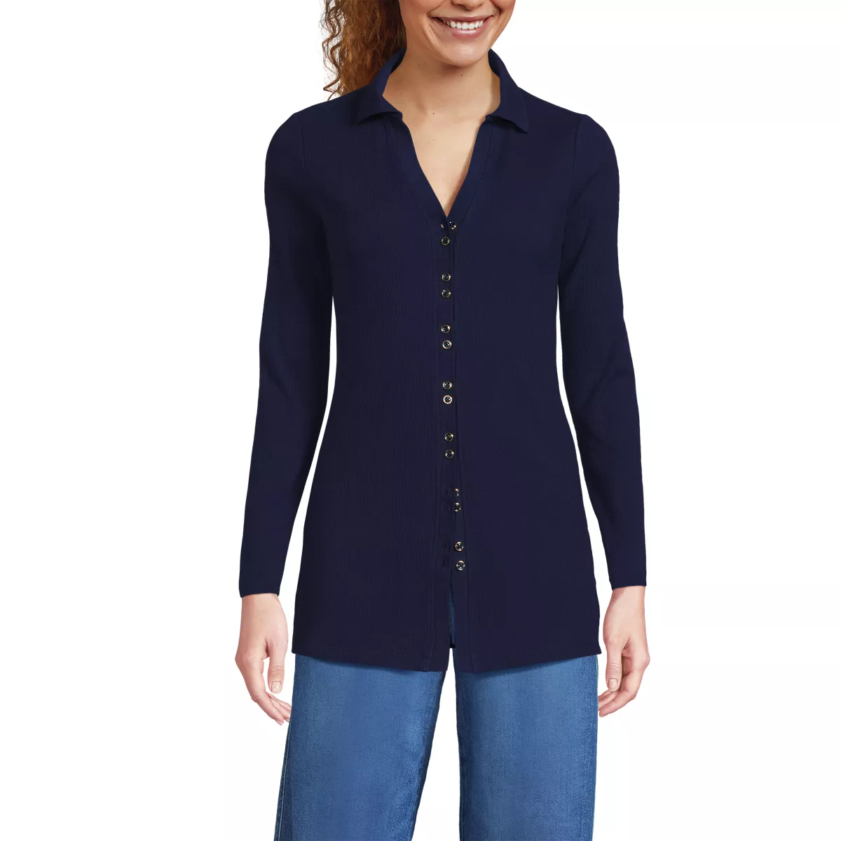 Women's Long Sleeve Polished Rib Button Through Tunic Shirt