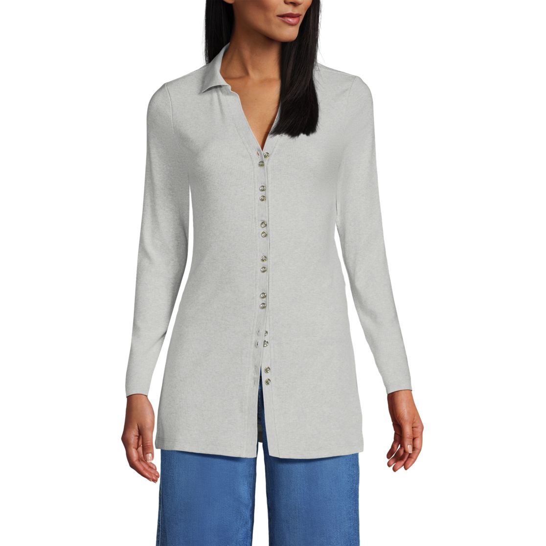 Women's Long Sleeve Polished Rib Button Through Tunic Shirt