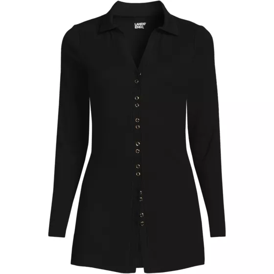 Women's Long Sleeve Polished Rib Button Through Tunic Shirt - primary