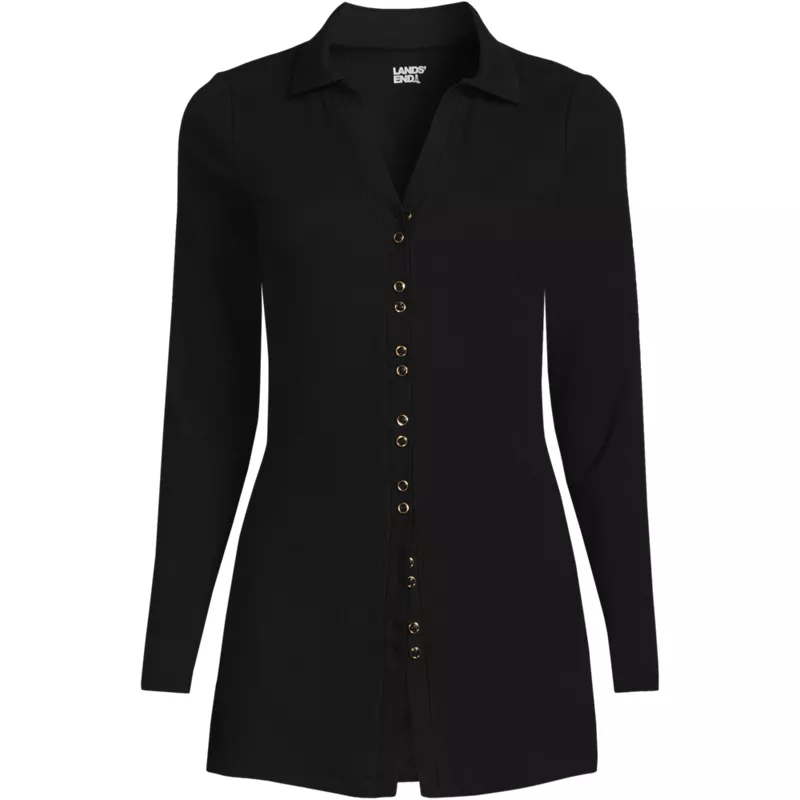 Women's Plus Size Long Sleeve Polished Rib Button Through Tunic Shirt, Front