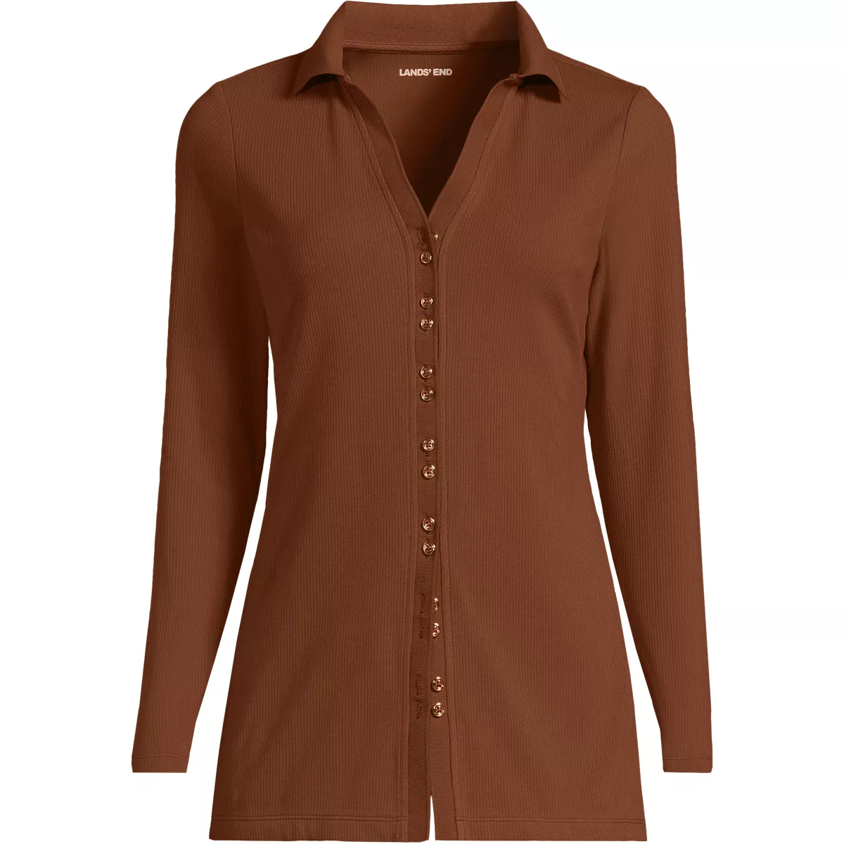 Women's Long Sleeve Polished Rib Button Through Tunic Shirt