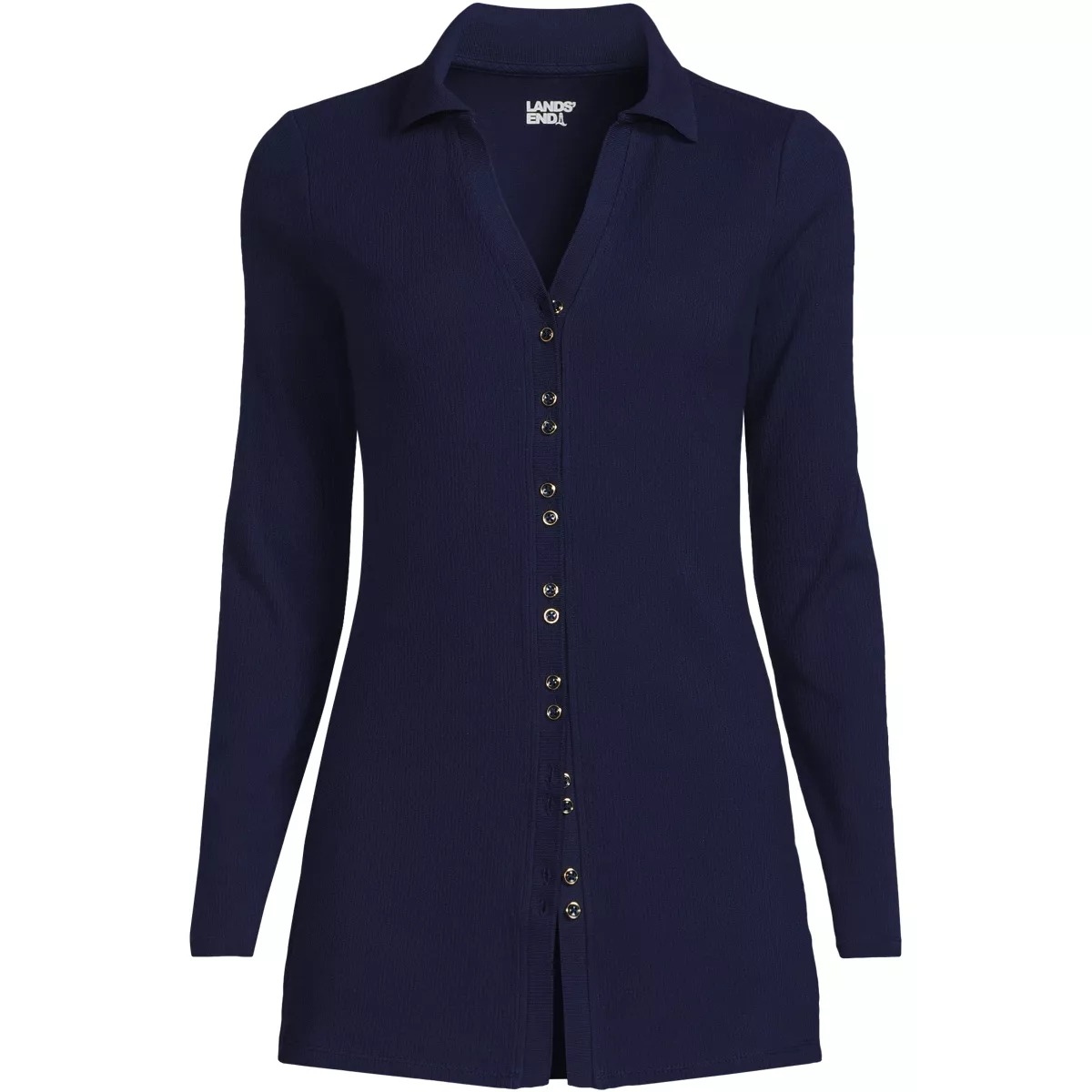 Women's Long Sleeve Polished Rib Button Through Tunic Shirt