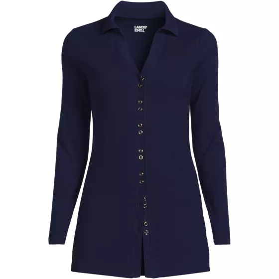 Women's Plus Size Long Sleeve Polished Rib Button Through Tunic Shirt - primary