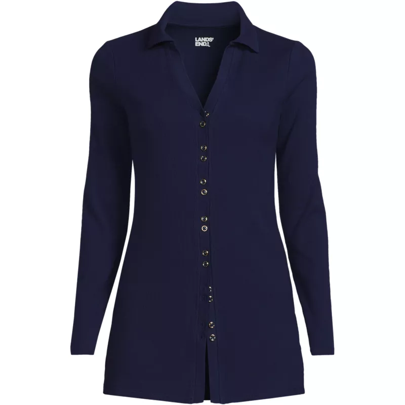 Women's Plus Size Long Sleeve Polished Rib Button Through Tunic Shirt, Front