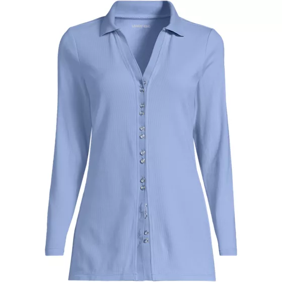 Women's Petite Long Sleeve Polished Rib Button Through Tunic Shirt - primary