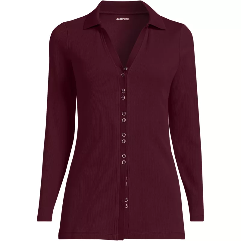 Women's Petite Long Sleeve Polished Rib Button Through Tunic Shirt, Front