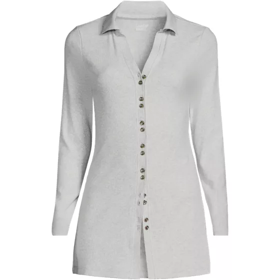 Women's Plus Size Long Sleeve Polished Rib Button Through Tunic Shirt - primary