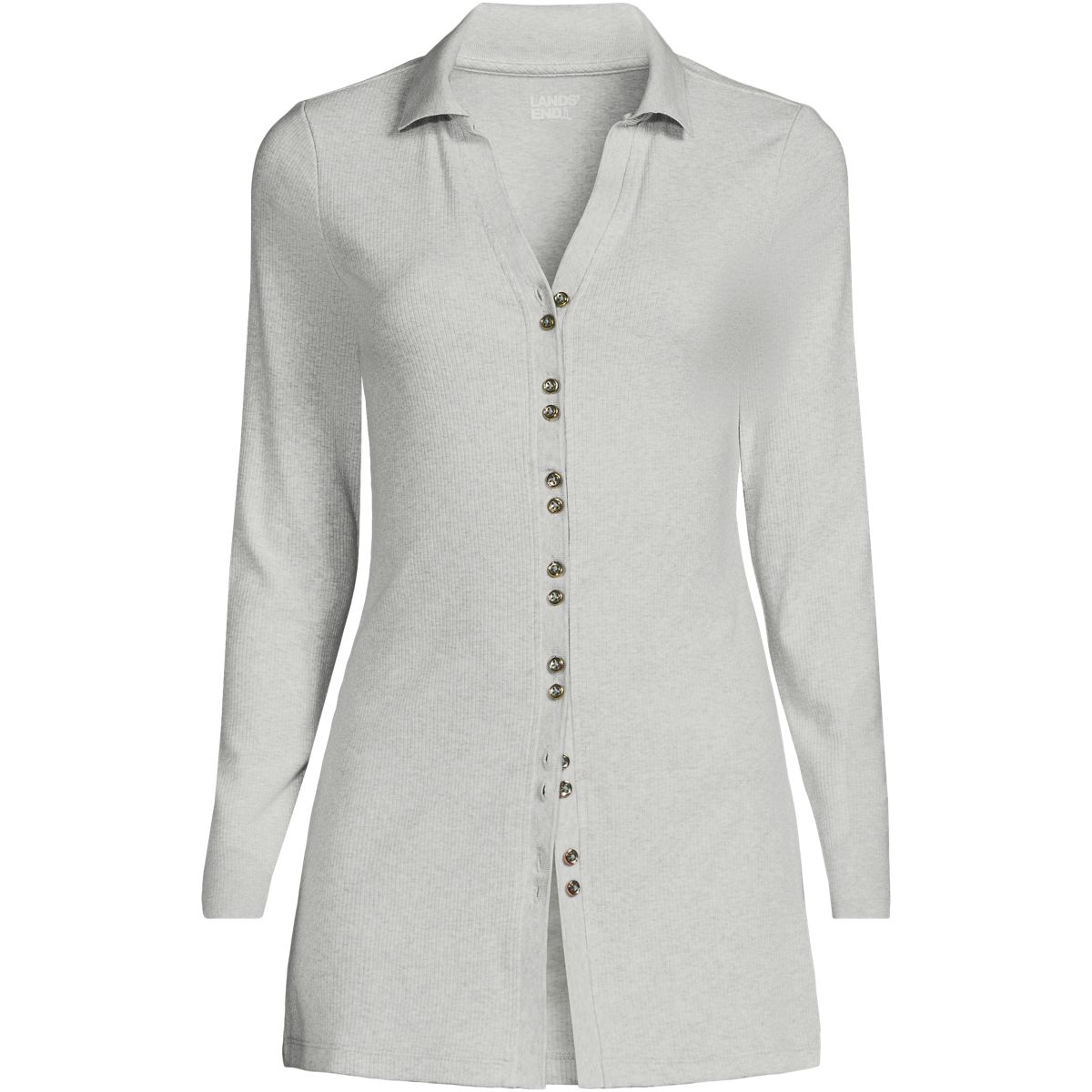 Women's Long Sleeve Polished Rib Button Through Tunic Shirt