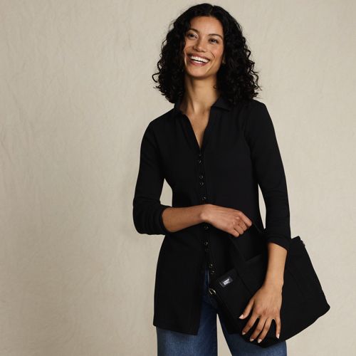 Women's Long Sleeve Polished Rib Button Through Tunic Shirt, alternative image