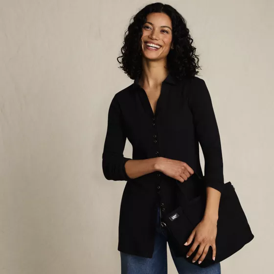Women's Long Sleeve Polished Rib Button Through Tunic Shirt - primary