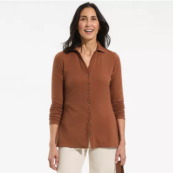 Women's Long Sleeve Polished Rib Button Through Tunic Shirt - primary