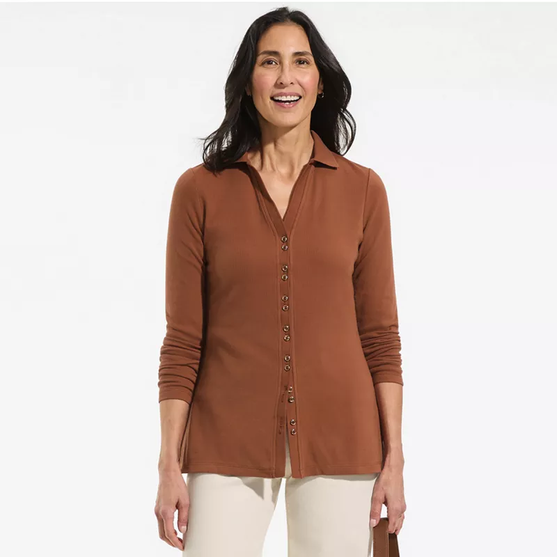 Women's Petite Long Sleeve Polished Rib Button Through Tunic Shirt, alternative image