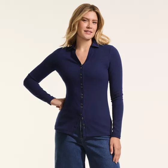 Women's Long Sleeve Polished Rib Button Through Tunic Shirt - primary