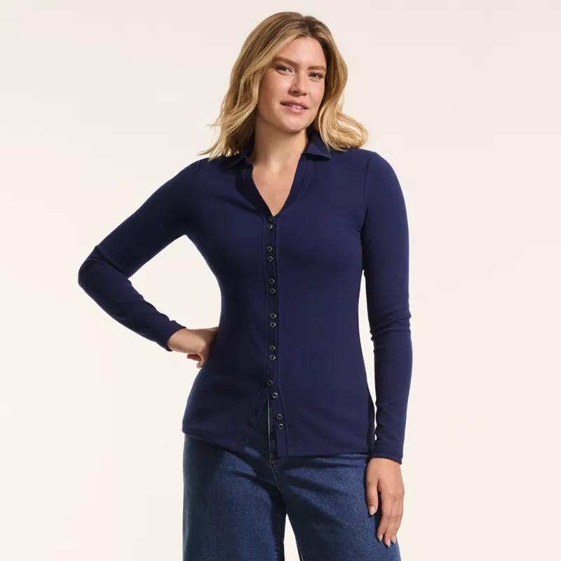 Women's Long Sleeve Polished Rib Button Through Tunic Shirt, alternative image