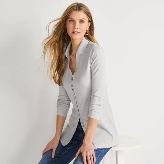 Women's Long Sleeve Polished Rib Button Through Tunic Shirt - primary