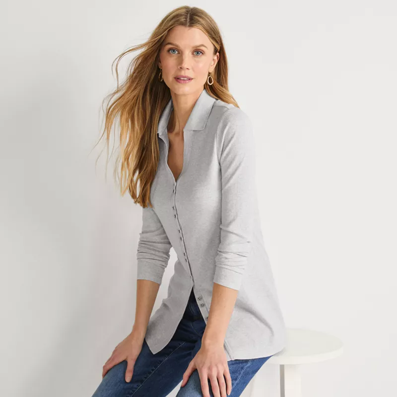 Women's Long Sleeve Polished Rib Button Through Tunic Shirt, alternative image
