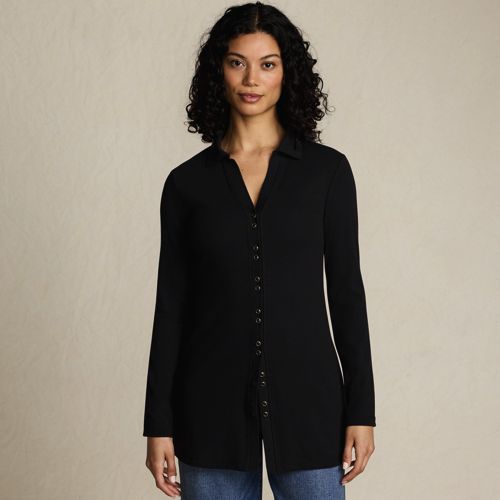 Women's Long Sleeve Polished Rib Button Through Tunic Shirt, Front
