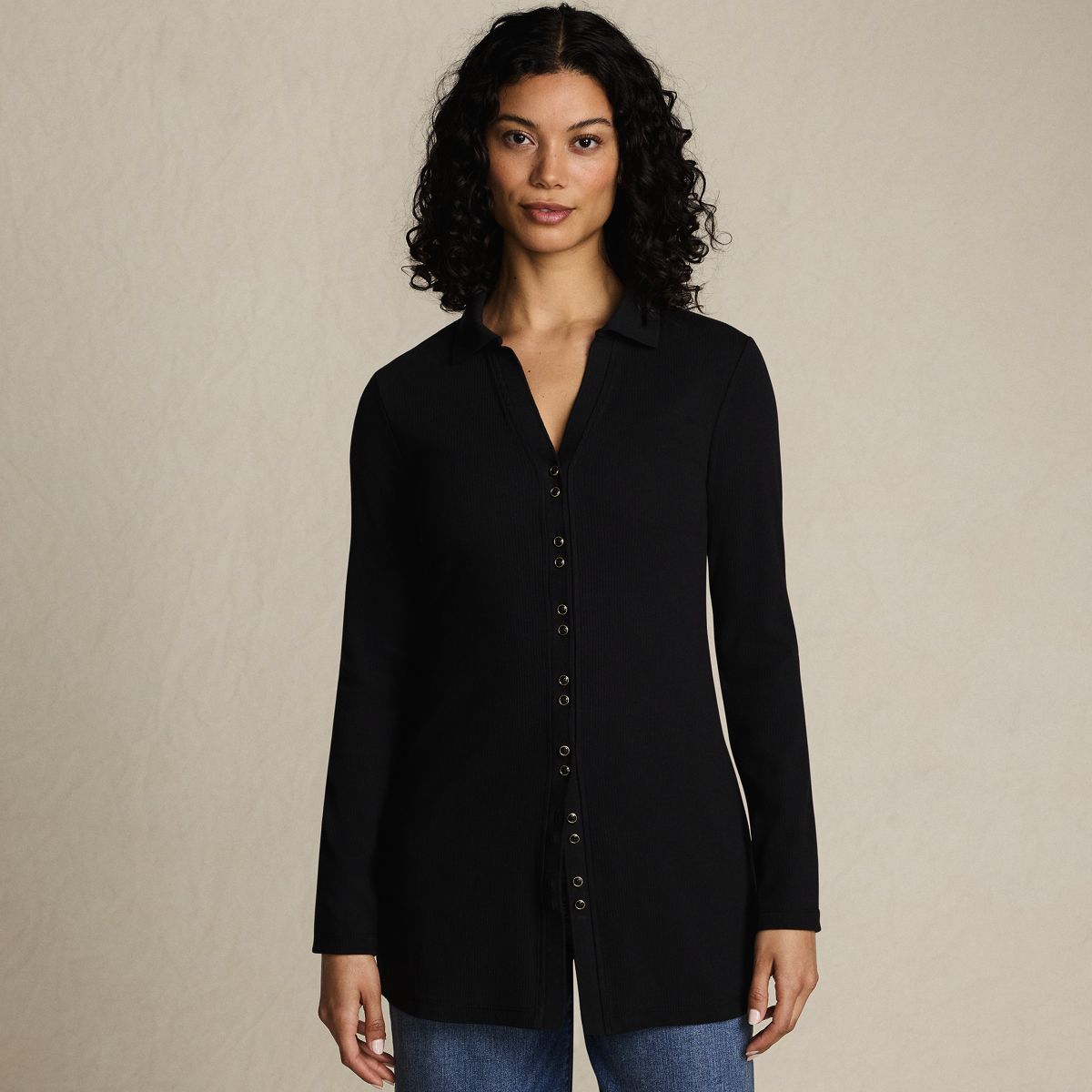 Women's Long Sleeve Polished Rib Button Through Tunic Shirt