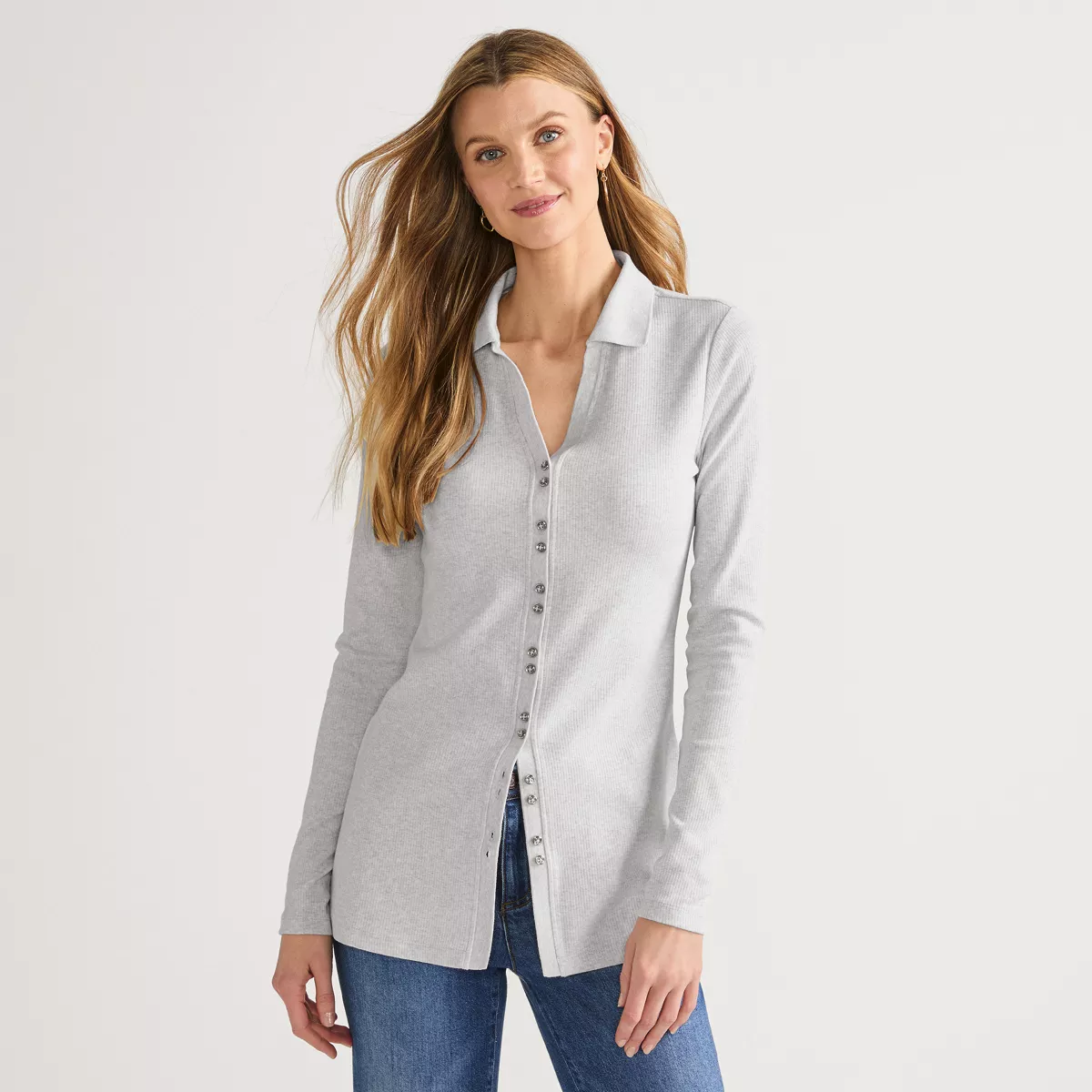 Women's Long Sleeve Polished Rib Button Through Tunic Shirt