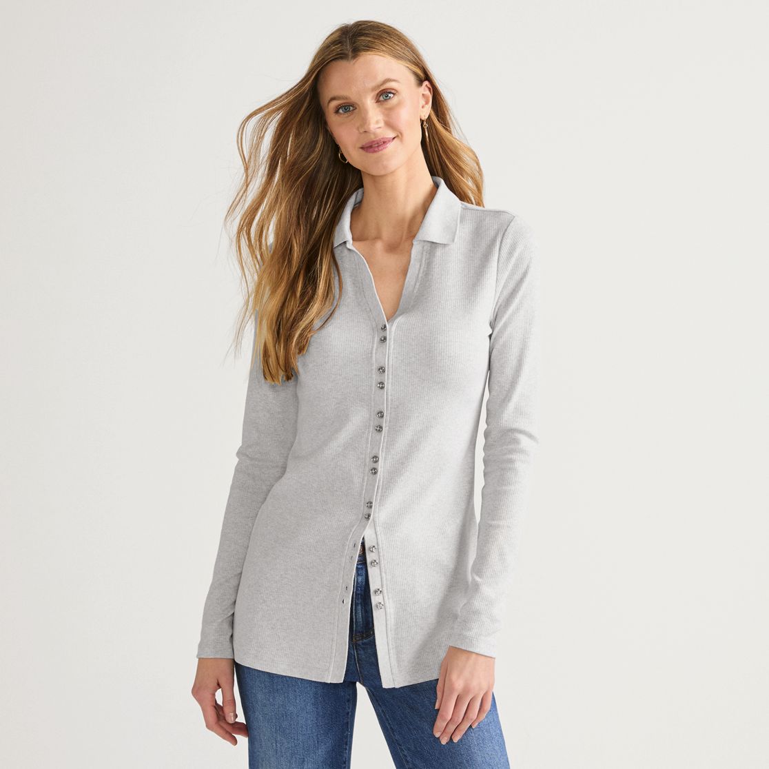Women's Long Sleeve Polished Rib Button Through Tunic Shirt