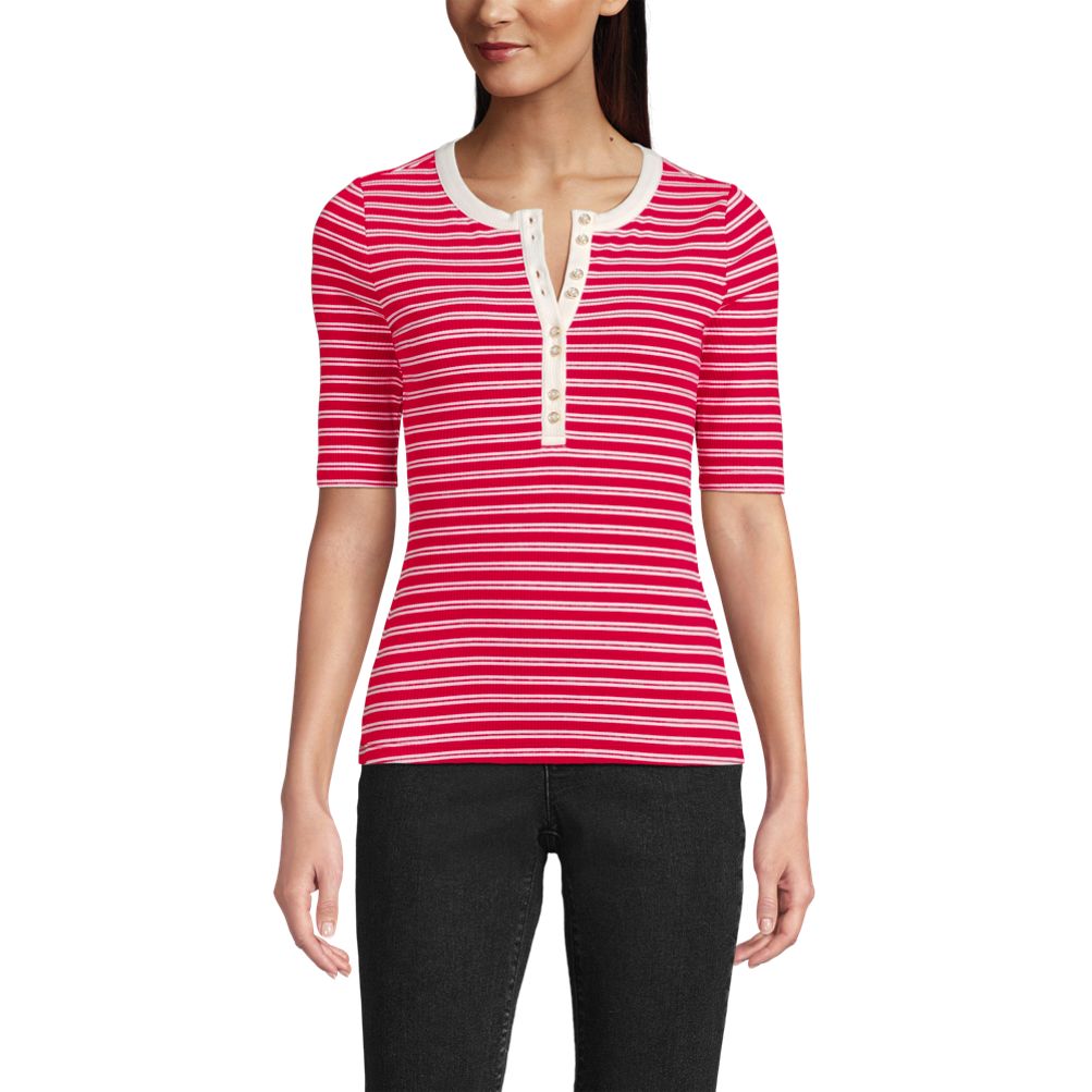 Women's Elbow Sleeve Polished Rib Henley Top | Lands' End