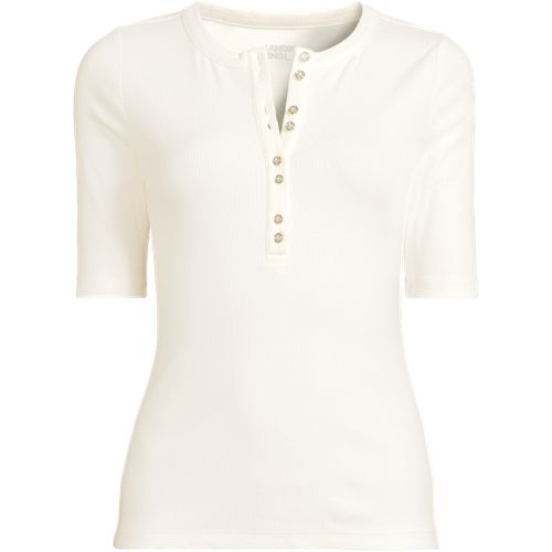 Women's Elbow Sleeve Polished Rib Henley Top, Front