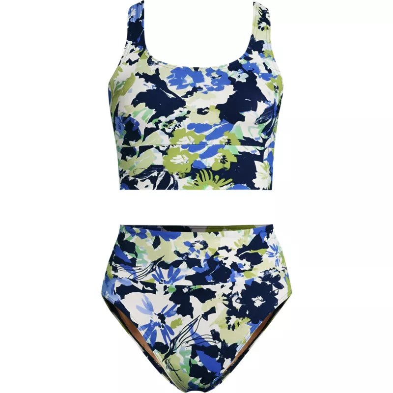 Women's Tugless Midkini Top and High Waisted Bottom Swimsuit Set, Front