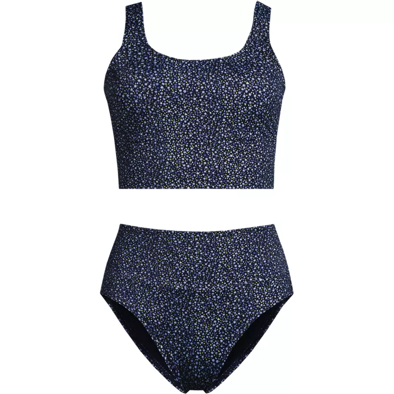 Women's Plus Size Tugless Midkini Top and High Waisted Bottom Swimsuit Set, Front