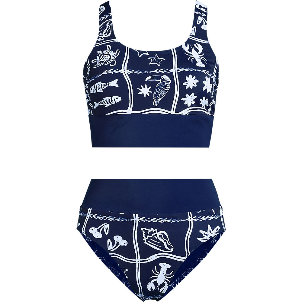 Tugless Midkini, High Waisted - 2 piece, Women, size: S, regular, Blue, Spandex/Metallic/Nylon-blend, by Lands' End