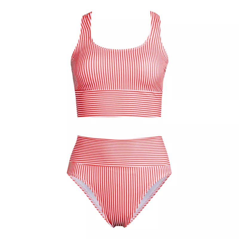 Women's Tugless Midkini Top and High Waisted Bottom Swimsuit Set, Front
