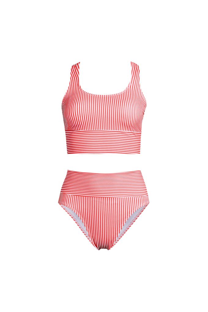 Lands' End Women's Plus Size Tugless Midkini Top And High Waisted Bottom Swimsuit Set In Pink