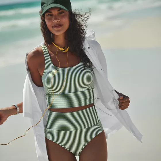 Women's Tugless Midkini Top and High Waisted Bottom Swimsuit Set - primary