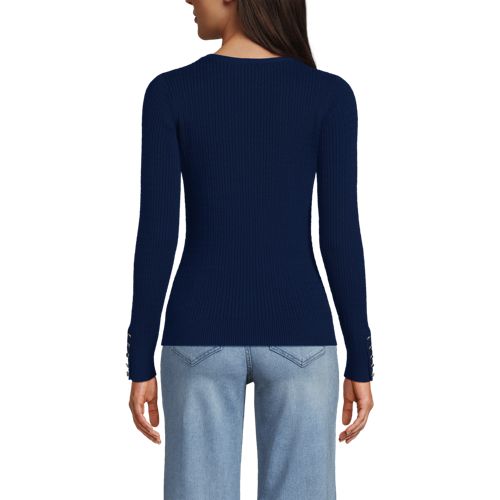  Lands' End Feinstrick-zopfmusterpullover Mit V-ausschnitt, Damen, Größe:40-42 Regular, Blau, Baumwolle, By Lands' End 