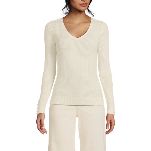  Lands' End Feinstrick-zopfmusterpullover Mit V-ausschnitt, Damen, Größe:40-42 Regular, Weiß, Baumwolle, By Lands' End 
