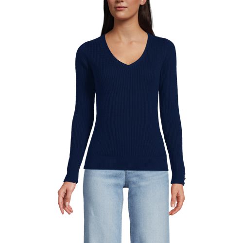  Lands' End Feinstrick-zopfmusterpullover Mit V-ausschnitt, Damen, Größe:40-42 Regular, Blau, Baumwolle, By Lands' End 