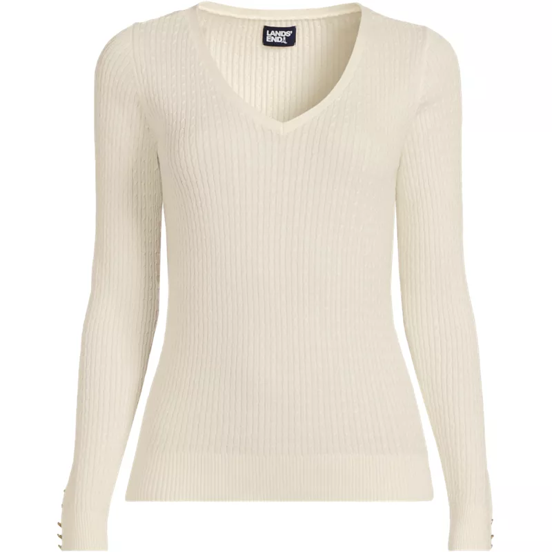 Women's Fine Gauge Cotton Baby Cable V-neck Sweater, Front