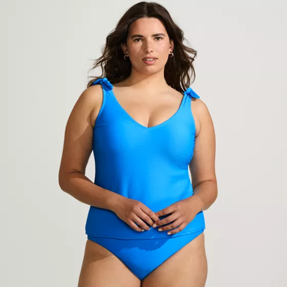 Women's Tie Shoulder Ribbed Flutter Tankini Top - primary