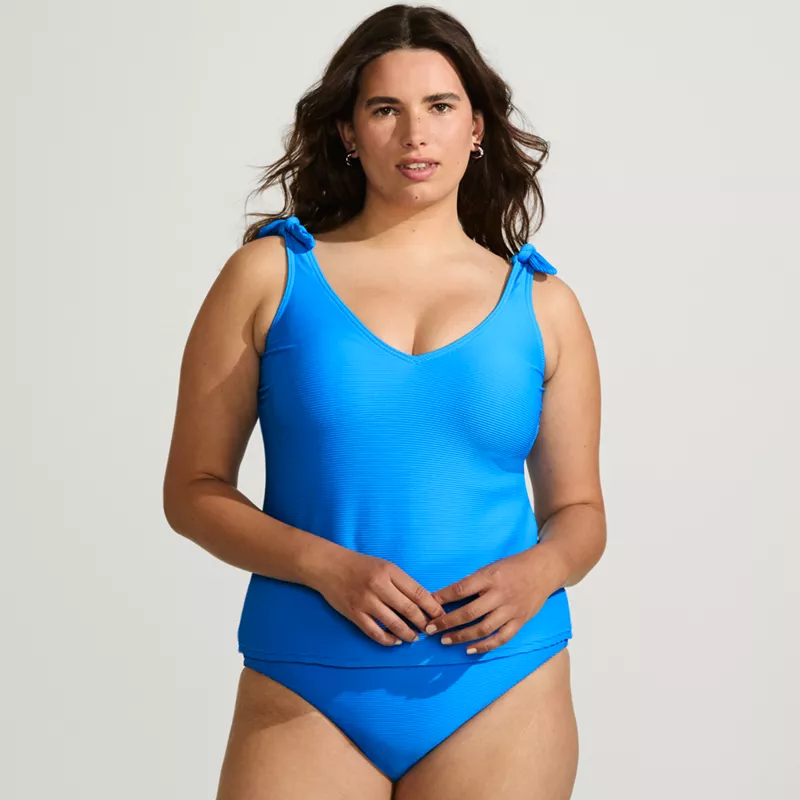 Women's Tie Shoulder Ribbed Flutter Tankini Top, Front