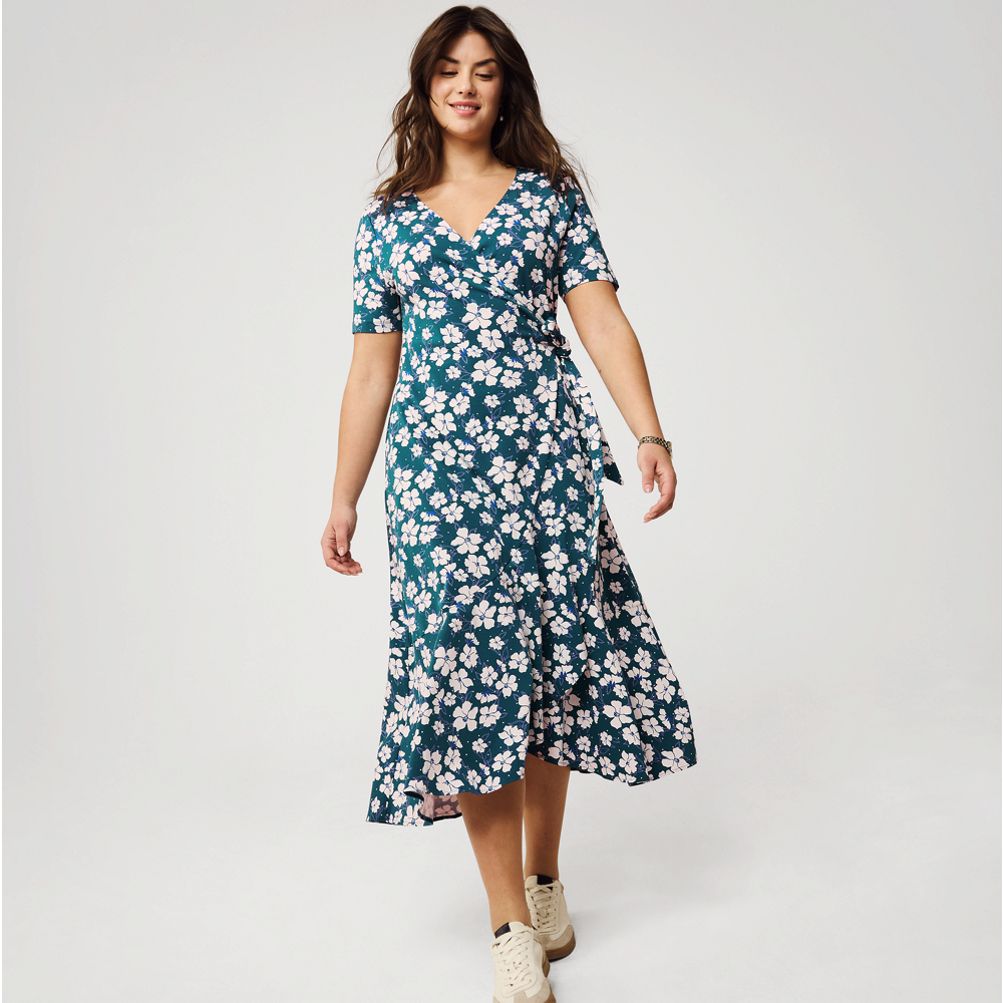 women's lands' end v-neck wrap midi dress baltic teal Cotton Modal The wrap style gives you the perfect fit every time and a beautiful waist tie at the side enhances the style Wrap Flounce Midi Dress