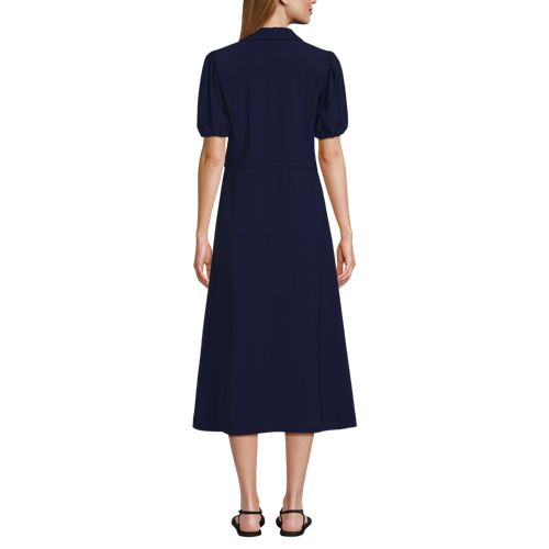 Women's Twill Button Front Fluid Short Sleeve Dress, Back