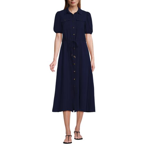 Women's Twill Button Front Fluid Short Sleeve Dress, Front