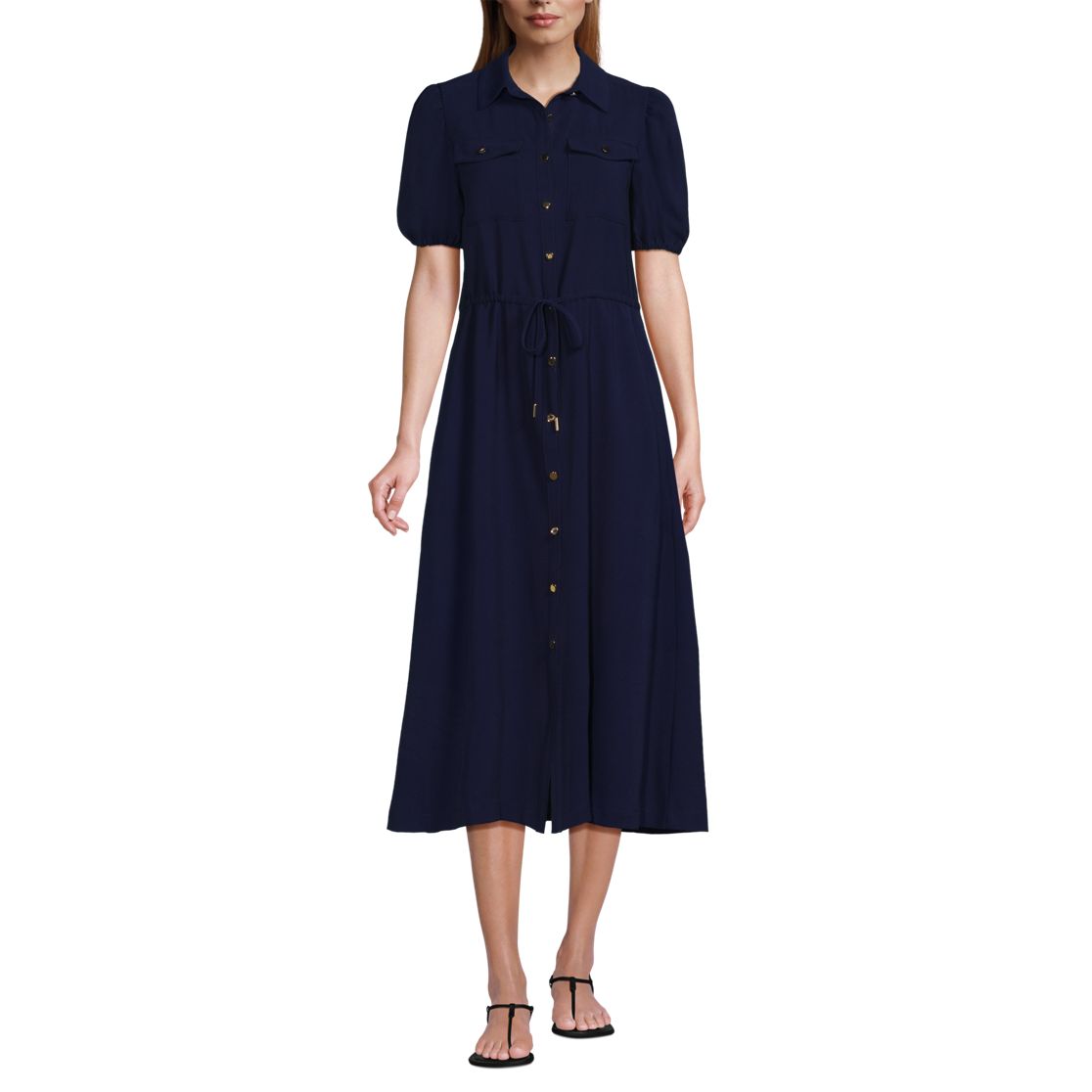 Women's Twill Button Front Fluid Short Sleeve Dress