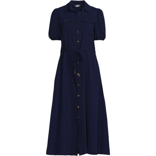 Women's Twill Button Front Fluid Short Sleeve Dress, Front