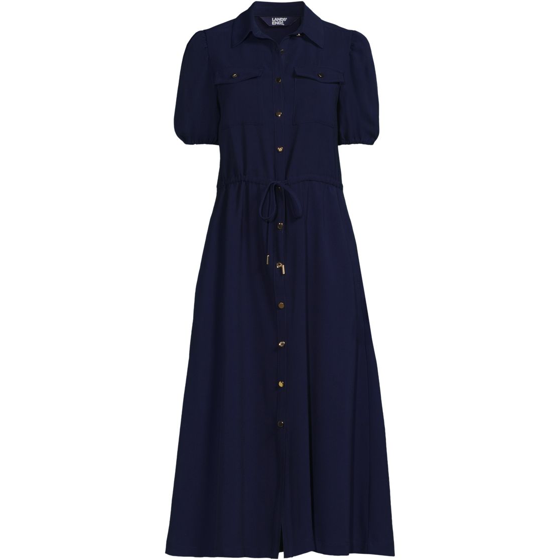 Women's Twill Button Front Fluid Short Sleeve Dress