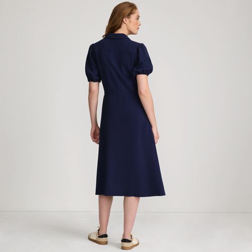 Women's Twill Button Front Fluid Short Sleeve Dress, Back