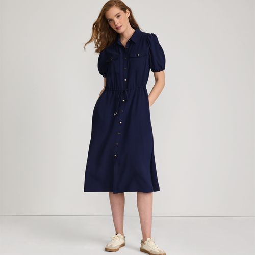 Women's Twill Button Front Fluid Short Sleeve Dress, Front