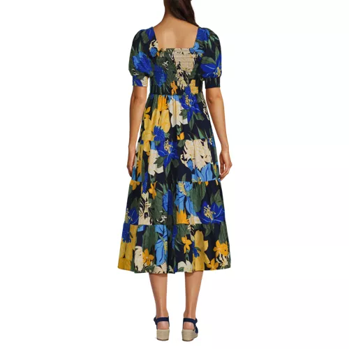 Women's Smocked Cotton Dobby Midi Puff Sleeve Dress, Back