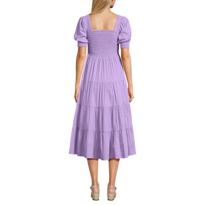 Women's Smocked Cotton Dobby Midi Puff Sleeve Dress - image 5