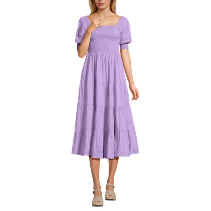 Women's Smocked Cotton Dobby Midi Puff Sleeve Dress - image 4