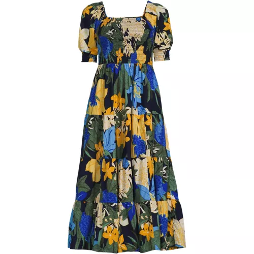 Women's Smocked Cotton Dobby Midi Puff Sleeve Dress, Front